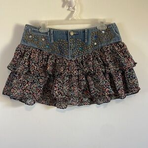 Y2K Western Ruffle Mini Skirt 6 Jean Floral Jewel Stud Express Denim 00s Baby